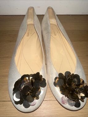 kate spade gold shimmer flats with gold sequin flower